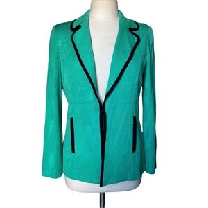 Exclusively Misook Kelly Green Black Trim Acrylic Open Front Cardigan Jacket S